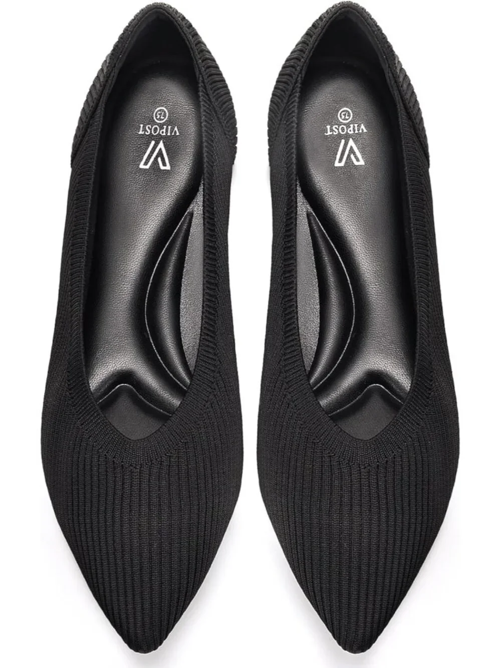 Women's Black Pointed Toe Comfort Foldable Slip On Dressy Knit Ballet Flat Shoes
